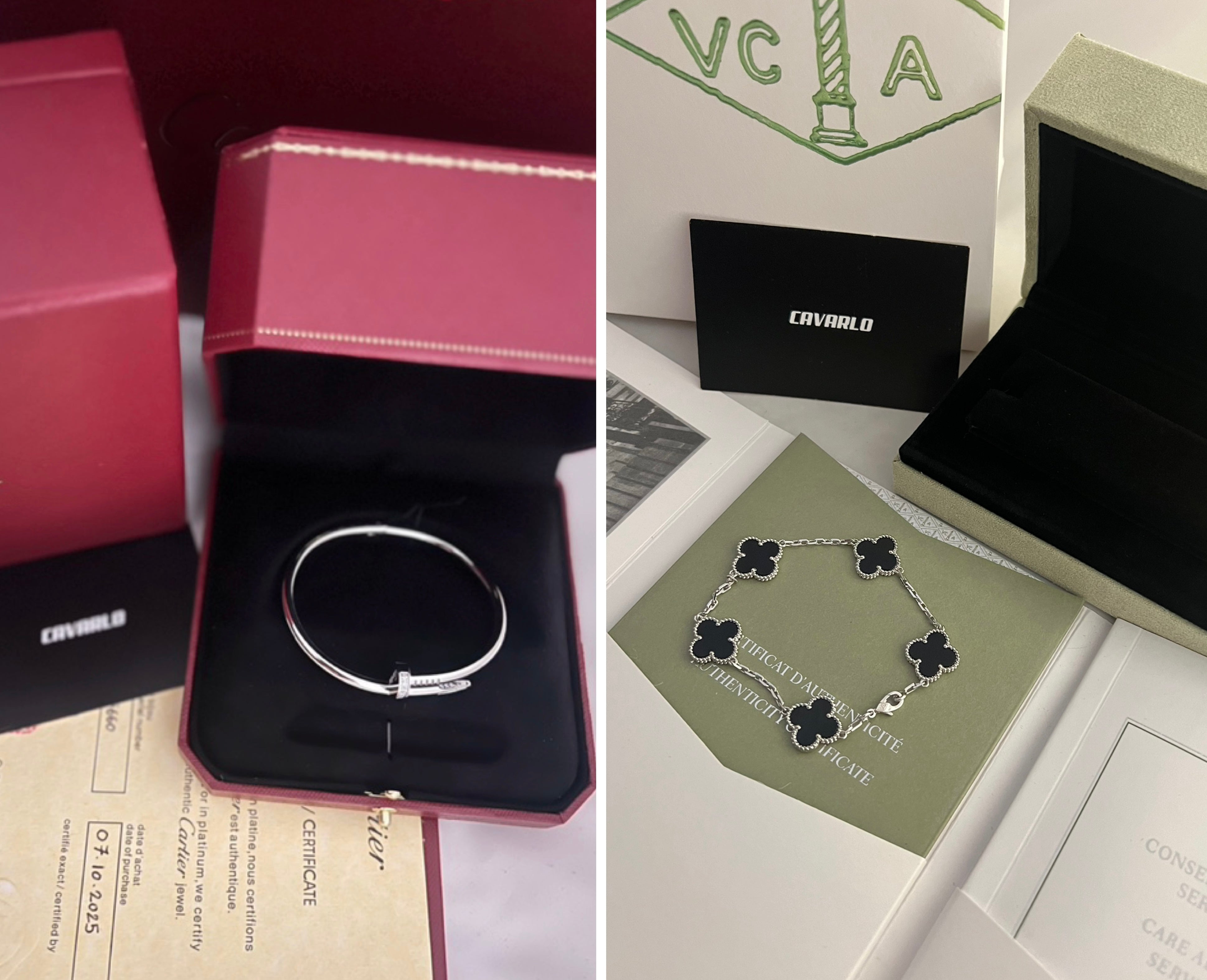 Diamond Nail bracelet + Alhambra bracelet | White Gold